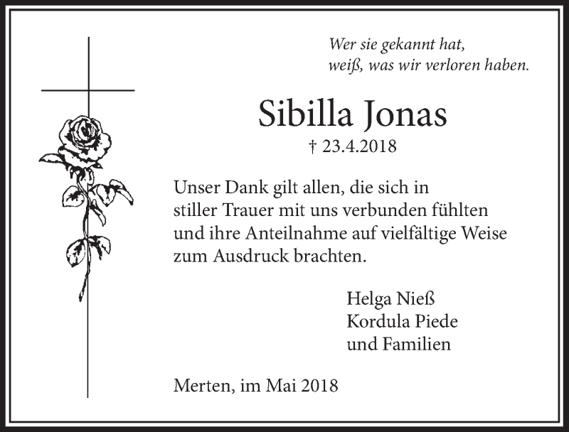  Traueranzeige für Sibilla Jonas vom 09.05.2018 aus  Schlossbote/Werbekurier 