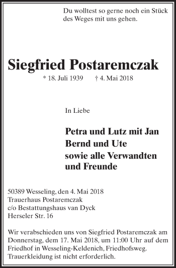 Anzeige von Siegfried Postaremczak von  Schlossbote/Werbekurier 