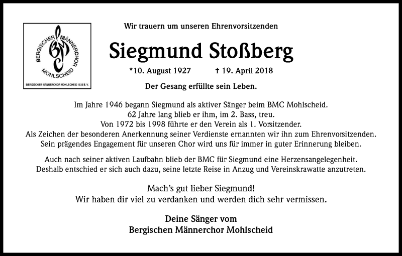  Traueranzeige für Siegmund Stoßberg vom 09.05.2018 aus Kölner Stadt-Anzeiger / Kölnische Rundschau / Express
