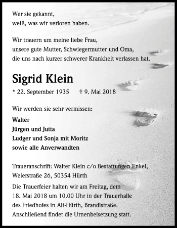 Anzeige von Sigrid Klein von Kölner Stadt-Anzeiger / Kölnische Rundschau / Express