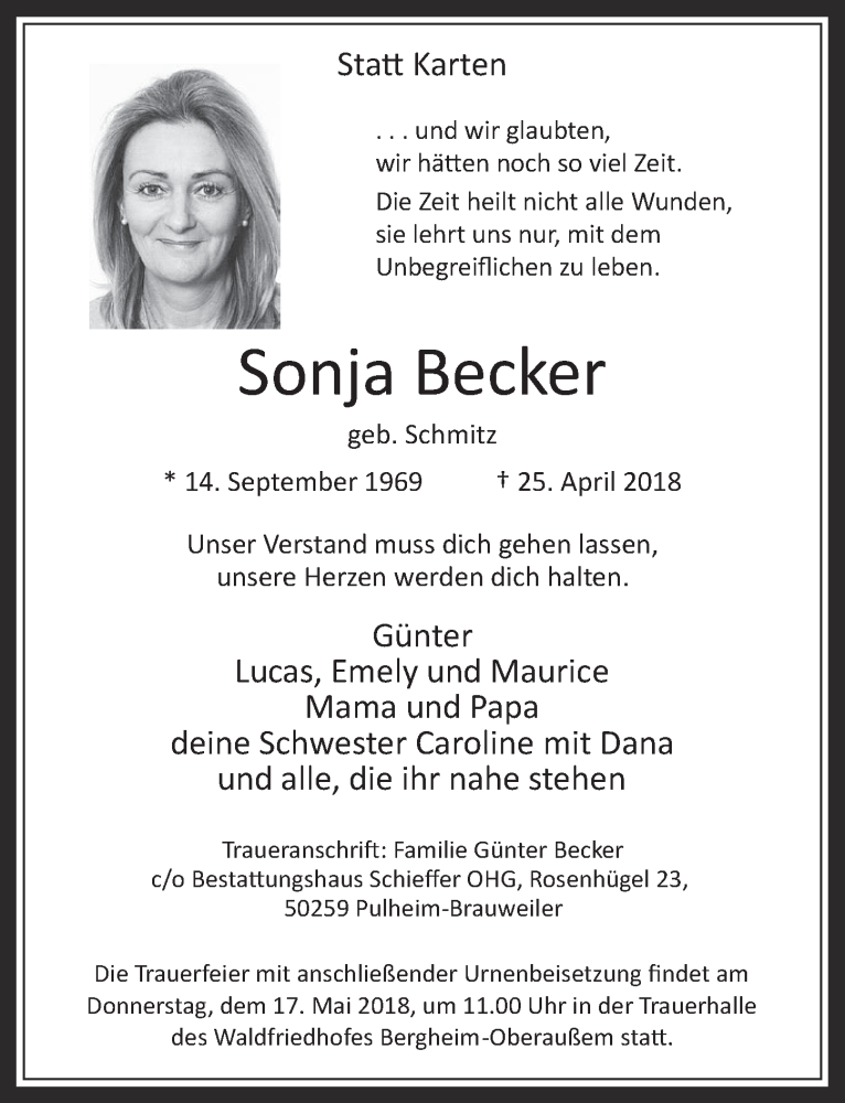  Traueranzeige für Sonja Becker vom 09.05.2018 aus  Werbepost 