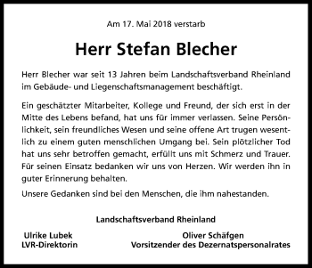 Anzeige von Stefan Becher von Kölner Stadt-Anzeiger / Kölnische Rundschau / Express