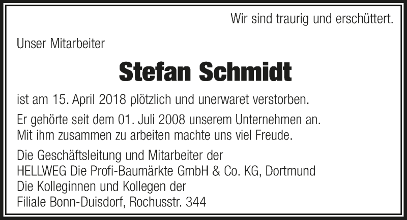  Traueranzeige für Stefan Schmidt vom 02.05.2018 aus  Schaufenster/Blickpunkt 