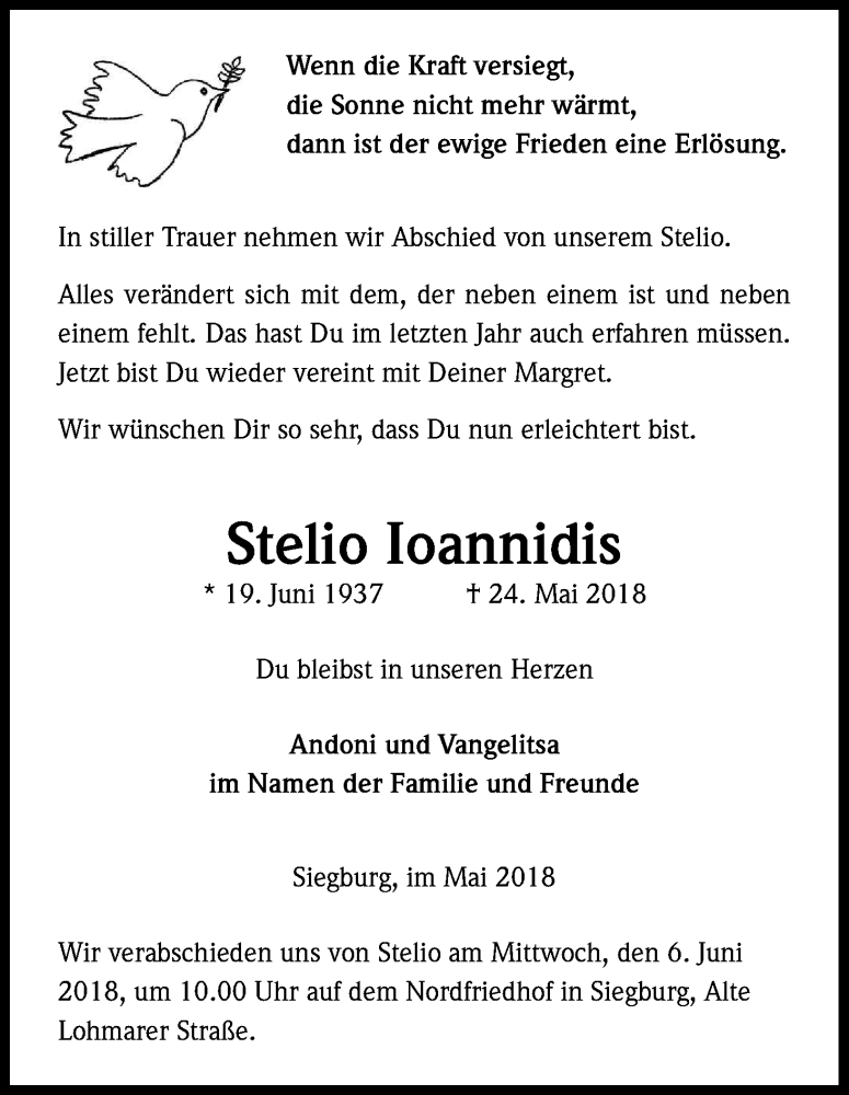  Traueranzeige für Stelio Ioannidis vom 30.05.2018 aus Kölner Stadt-Anzeiger / Kölnische Rundschau / Express