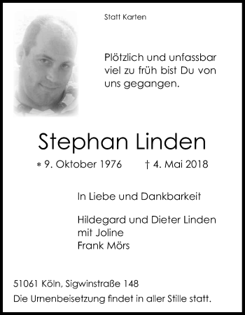 Anzeige von Stephan Linden von Kölner Stadt-Anzeiger / Kölnische Rundschau / Express
