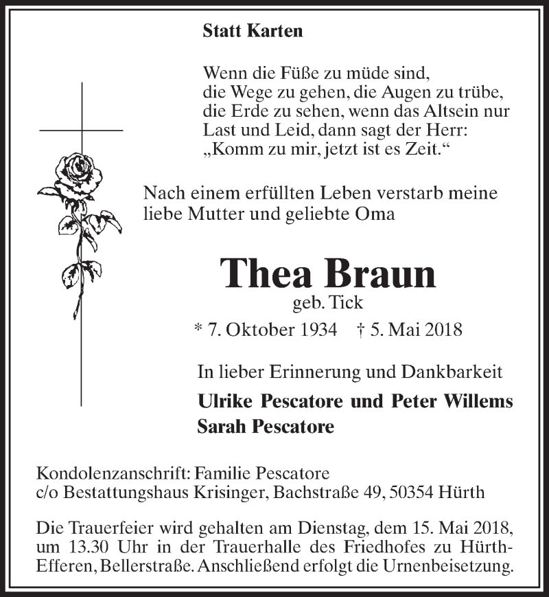  Traueranzeige für Thea Braun vom 12.05.2018 aus  Sonntags-Post 
