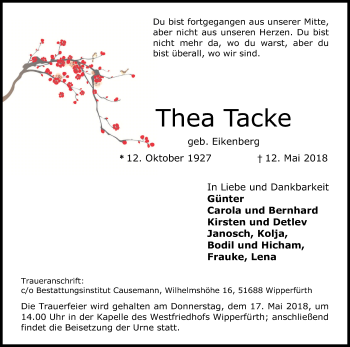 Anzeige von Thea Tacke von Kölner Stadt-Anzeiger / Kölnische Rundschau / Express