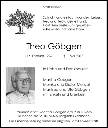 Anzeige von Theo Göbgen von Kölner Stadt-Anzeiger / Kölnische Rundschau / Express