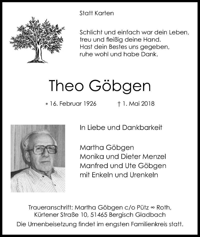  Traueranzeige für Theo Göbgen vom 05.05.2018 aus Kölner Stadt-Anzeiger / Kölnische Rundschau / Express