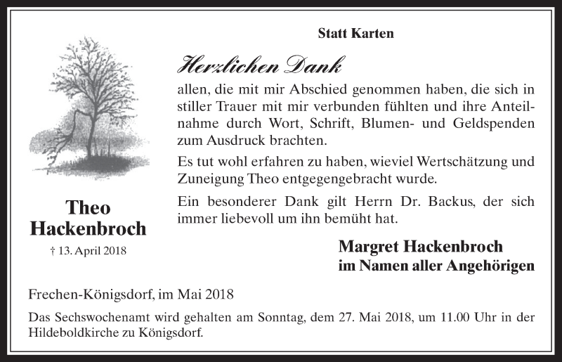  Traueranzeige für Theo Hackenbroch vom 23.05.2018 aus  Wochenende 