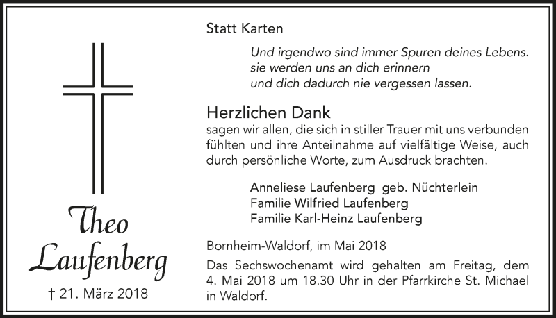  Traueranzeige für Theo Laufenberg vom 02.05.2018 aus  Schaufenster/Blickpunkt 