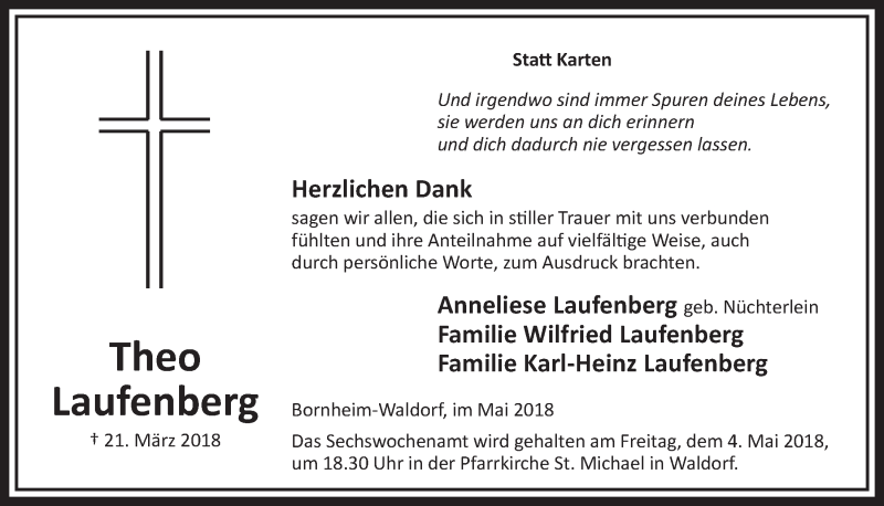  Traueranzeige für Theo Laufenberg vom 02.05.2018 aus  Schlossbote/Werbekurier 