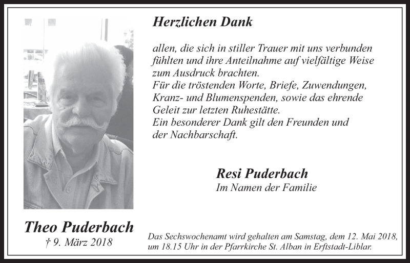  Traueranzeige für Theo Puderbach vom 02.05.2018 aus  Wochenende  Werbepost 