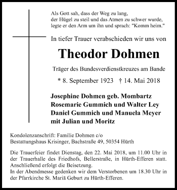 Anzeige von Theodor Dohmen von Kölner Stadt-Anzeiger / Kölnische Rundschau / Express