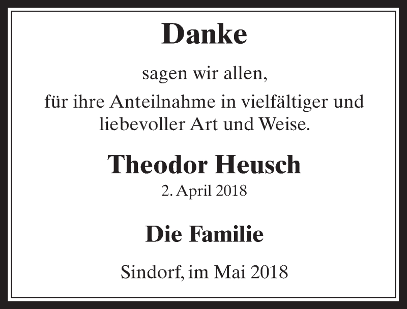  Traueranzeige für Theodor Heusch vom 16.05.2018 aus  Werbepost 