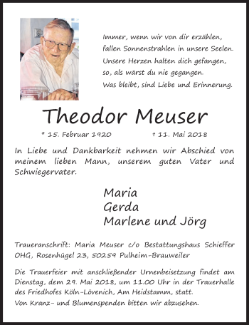Anzeige von Theodor Meuser von  Kölner Wochenspiegel 