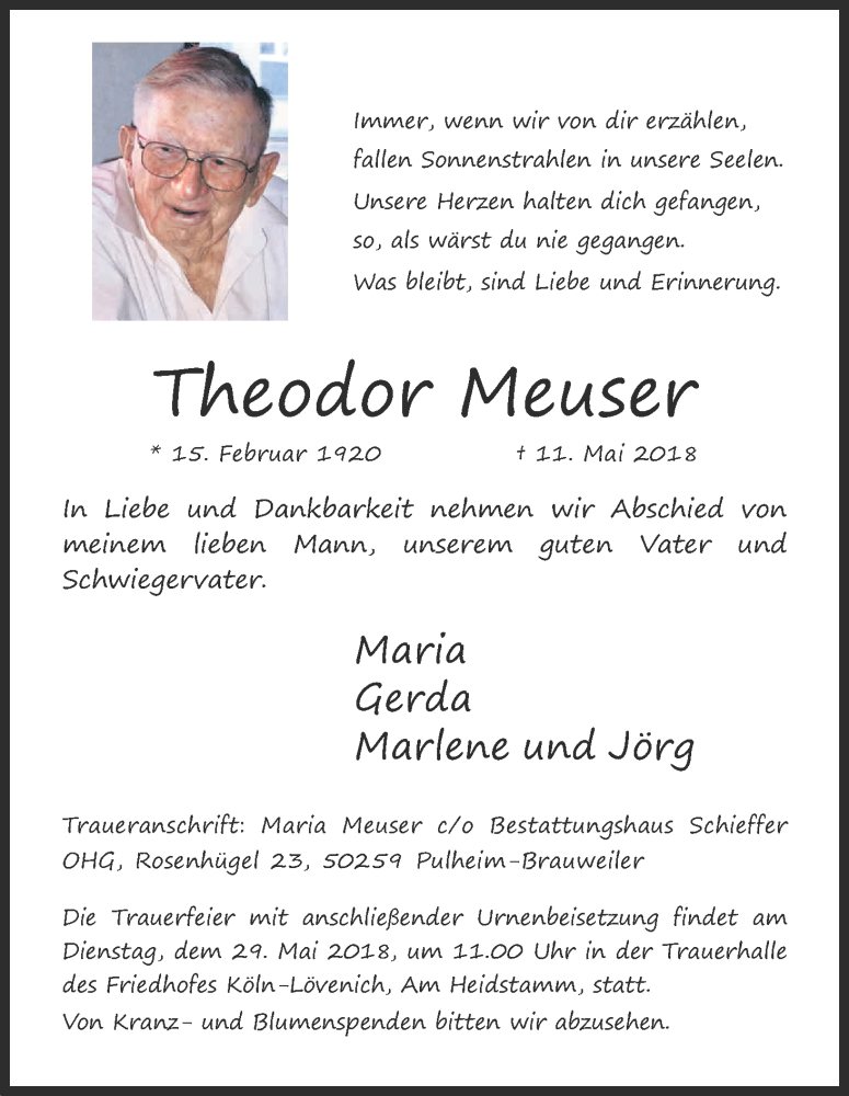  Traueranzeige für Theodor Meuser vom 26.05.2018 aus Kölner Stadt-Anzeiger / Kölnische Rundschau / Express
