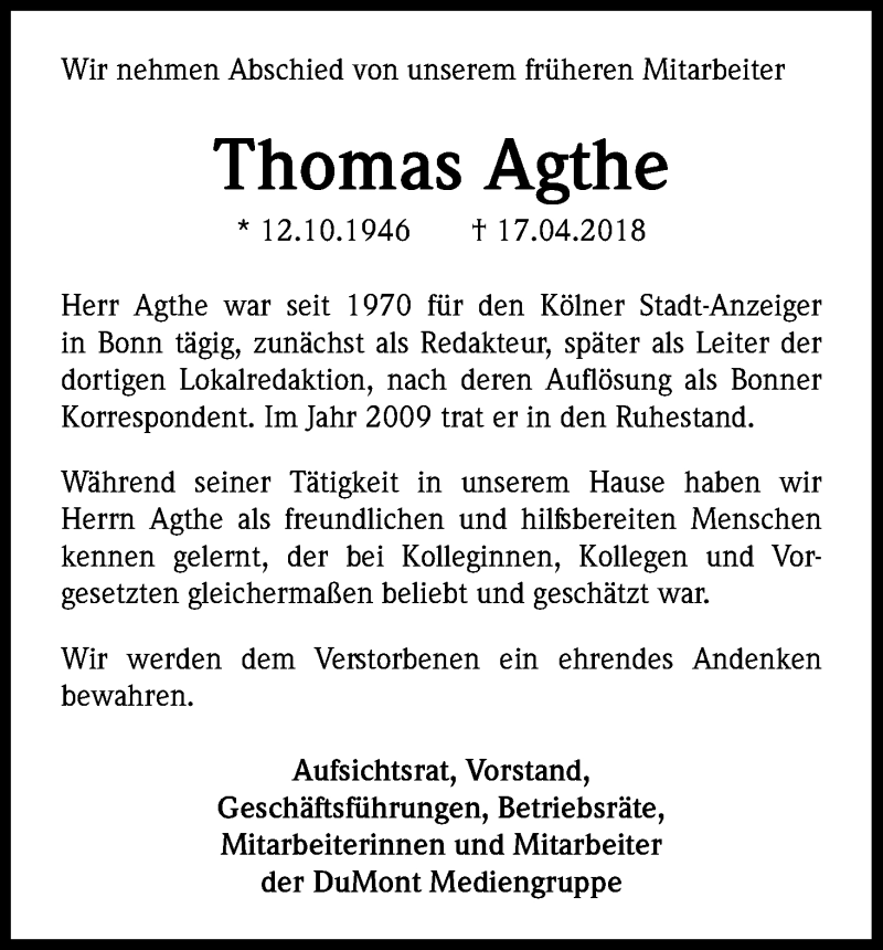  Traueranzeige für Thomas Agthe vom 05.05.2018 aus Kölner Stadt-Anzeiger / Kölnische Rundschau / Express