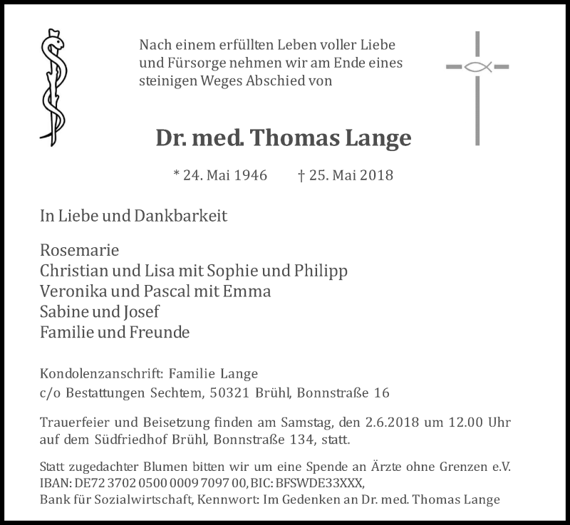  Traueranzeige für Thomas Lange vom 30.05.2018 aus Kölner Stadt-Anzeiger / Kölnische Rundschau / Express