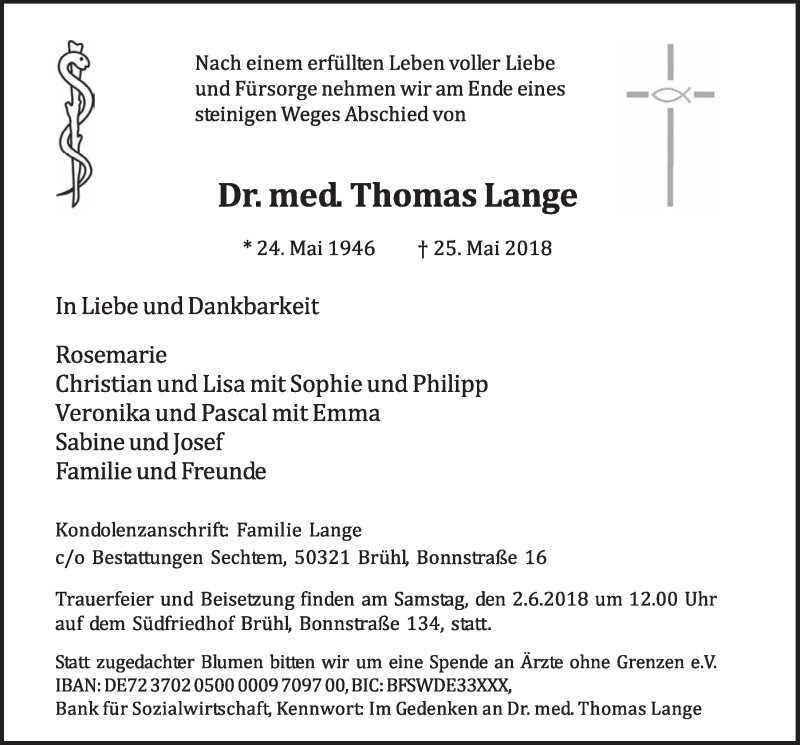  Traueranzeige für Thomas Lange vom 30.05.2018 aus  Schlossbote/Werbekurier 