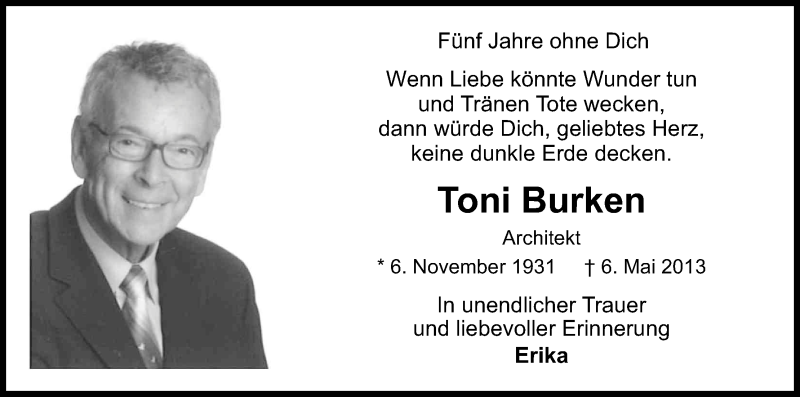  Traueranzeige für Toni Burken vom 05.05.2018 aus Kölner Stadt-Anzeiger / Kölnische Rundschau / Express
