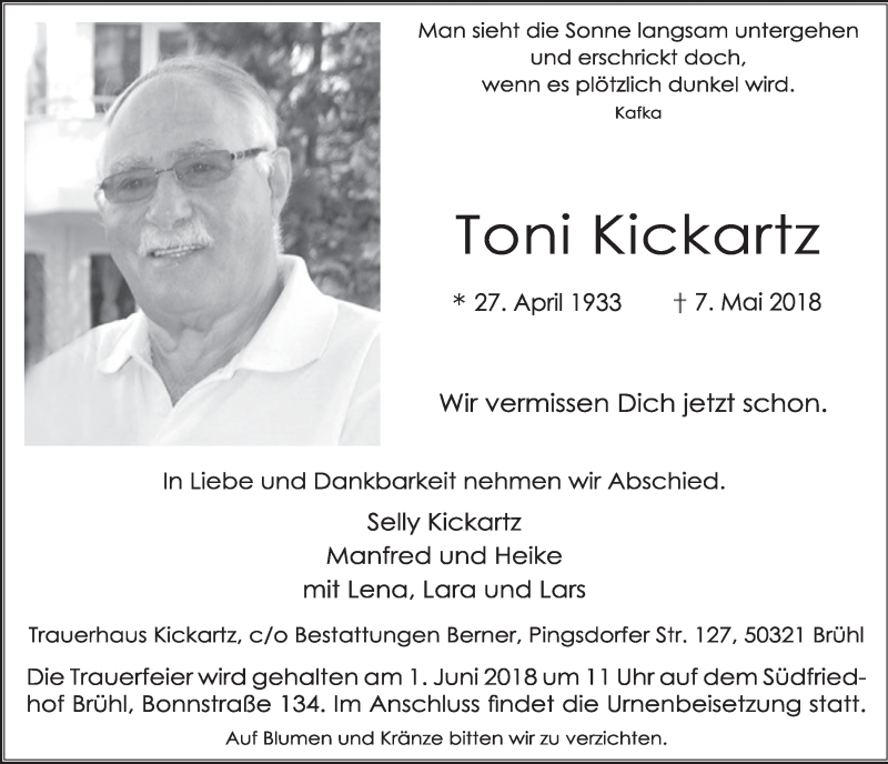  Traueranzeige für Toni Kickartz vom 23.05.2018 aus  Schlossbote/Werbekurier 