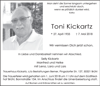 Anzeige von Toni Kickartz von  Schlossbote/Werbekurier 