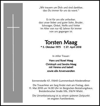 Anzeige von Torsten Maag von Kölner Stadt-Anzeiger / Kölnische Rundschau / Express