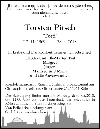Anzeige von Torsten Pitsch von Kölner Stadt-Anzeiger / Kölnische Rundschau / Express