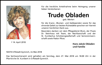 Anzeige von Trude Obladen von Kölner Stadt-Anzeiger / Kölnische Rundschau / Express