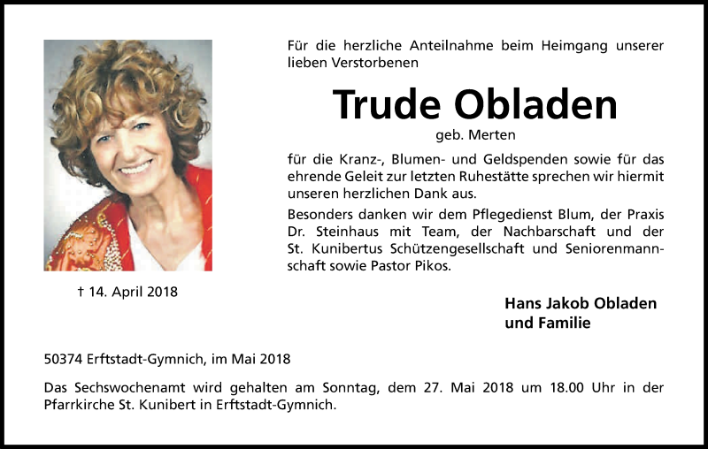  Traueranzeige für Trude Obladen vom 24.05.2018 aus Kölner Stadt-Anzeiger / Kölnische Rundschau / Express