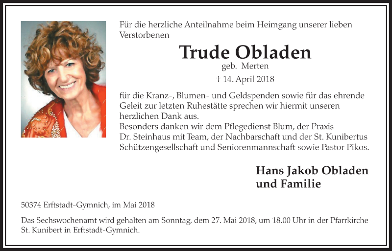  Traueranzeige für Trude Obladen vom 19.05.2018 aus  Sonntags-Post 