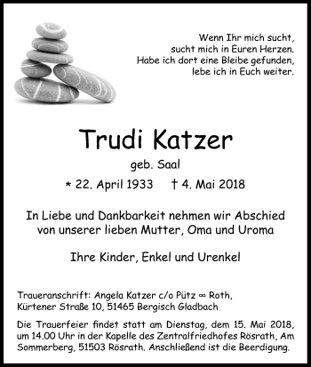 Anzeige von Trudi Katzer von Kölner Stadt-Anzeiger / Kölnische Rundschau / Express