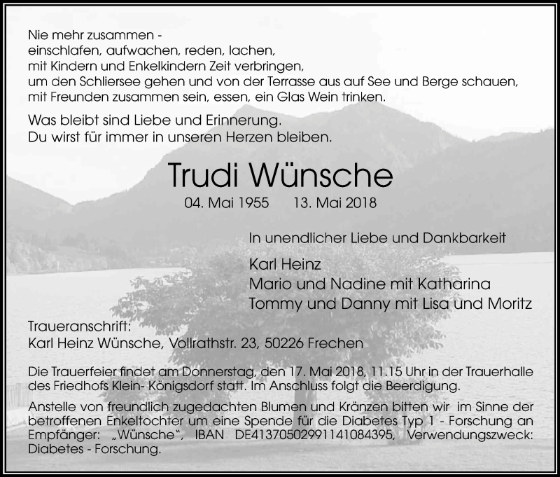  Traueranzeige für Trudi Wünsche vom 16.05.2018 aus Kölner Stadt-Anzeiger / Kölnische Rundschau / Express