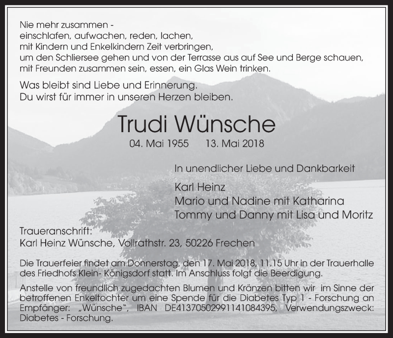 Traueranzeige für Trudi Wünsche vom 16.05.2018 aus  Wochenende 