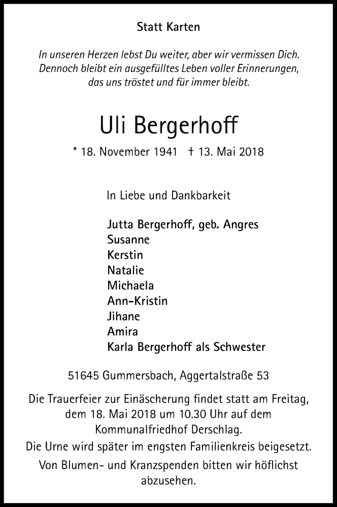  Traueranzeige für Uli Bergerhoff vom 16.05.2018 aus Kölner Stadt-Anzeiger / Kölnische Rundschau / Express