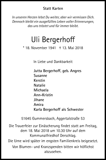 Anzeige von Uli Bergerhoff von Kölner Stadt-Anzeiger / Kölnische Rundschau / Express