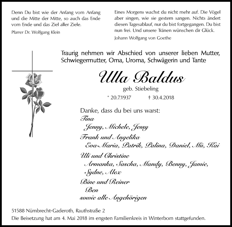  Traueranzeige für Ulla Baldus vom 05.05.2018 aus Kölner Stadt-Anzeiger / Kölnische Rundschau / Express