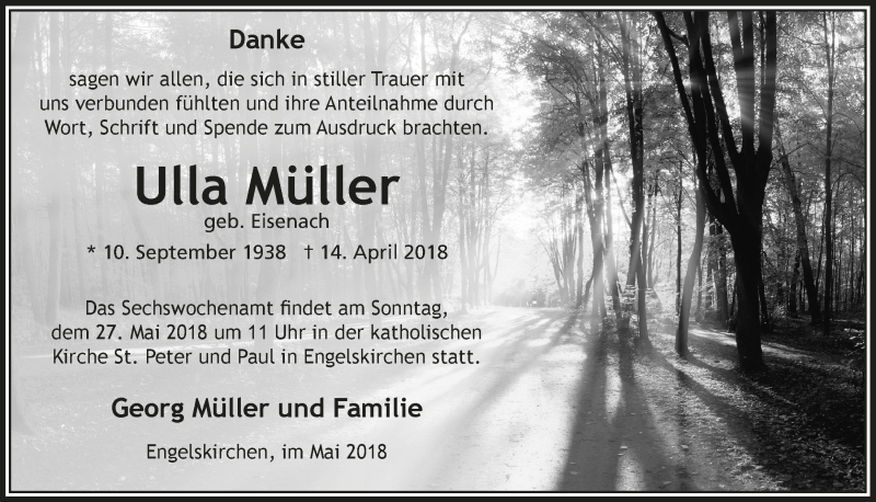  Traueranzeige für Ulla Müller vom 23.05.2018 aus  Anzeigen Echo 