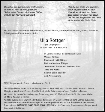 Anzeige von Ulla Röttger von Kölner Stadt-Anzeiger / Kölnische Rundschau / Express