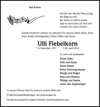 Anzeige von Ulli Fiebelkorn von Kölner Stadt-Anzeiger / Kölnische Rundschau / Express