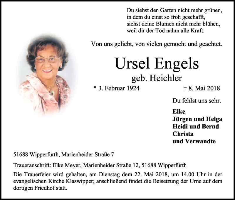 Traueranzeige für Ursel Engels vom 16.05.2018 aus Kölner Stadt-Anzeiger / Kölnische Rundschau / Express