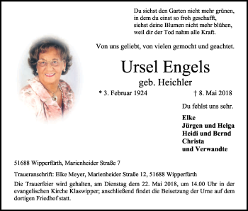Anzeige von Ursel Engels von Kölner Stadt-Anzeiger / Kölnische Rundschau / Express