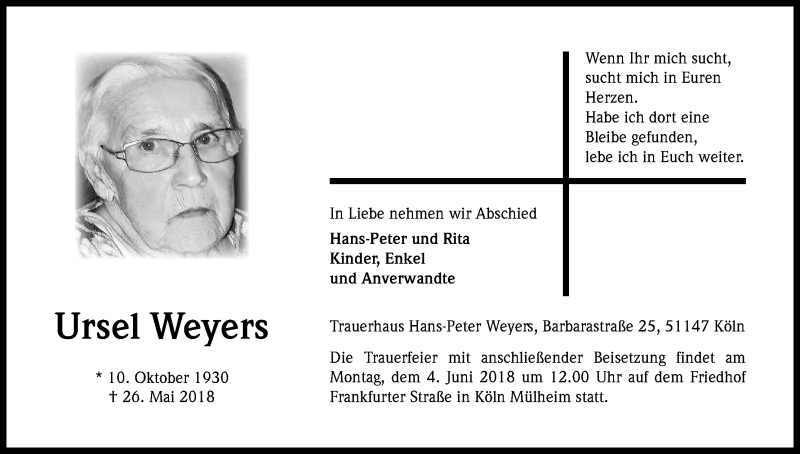  Traueranzeige für Ursel Weyers vom 30.05.2018 aus Kölner Stadt-Anzeiger / Kölnische Rundschau / Express