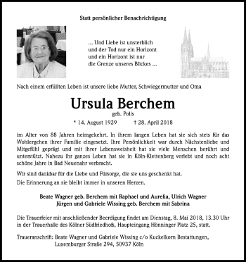 Anzeige von Ursula Berchem von Kölner Stadt-Anzeiger / Kölnische Rundschau / Express