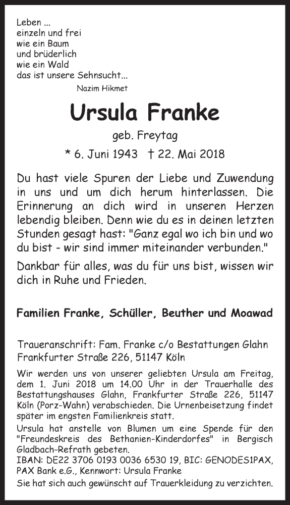  Traueranzeige für Ursula Franke vom 30.05.2018 aus  Kölner Wochenspiegel 