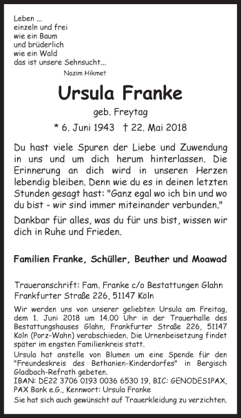 Anzeige von Ursula Franke von  Kölner Wochenspiegel 