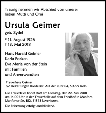 Anzeige von Ursula Geimer von Kölner Stadt-Anzeiger / Kölnische Rundschau / Express