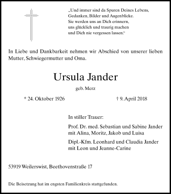 Anzeige von Ursula Jander von Kölner Stadt-Anzeiger / Kölnische Rundschau / Express