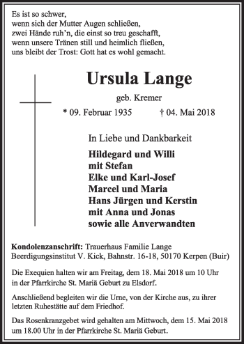 Anzeige von Ursula Lange von  Sonntags-Post 